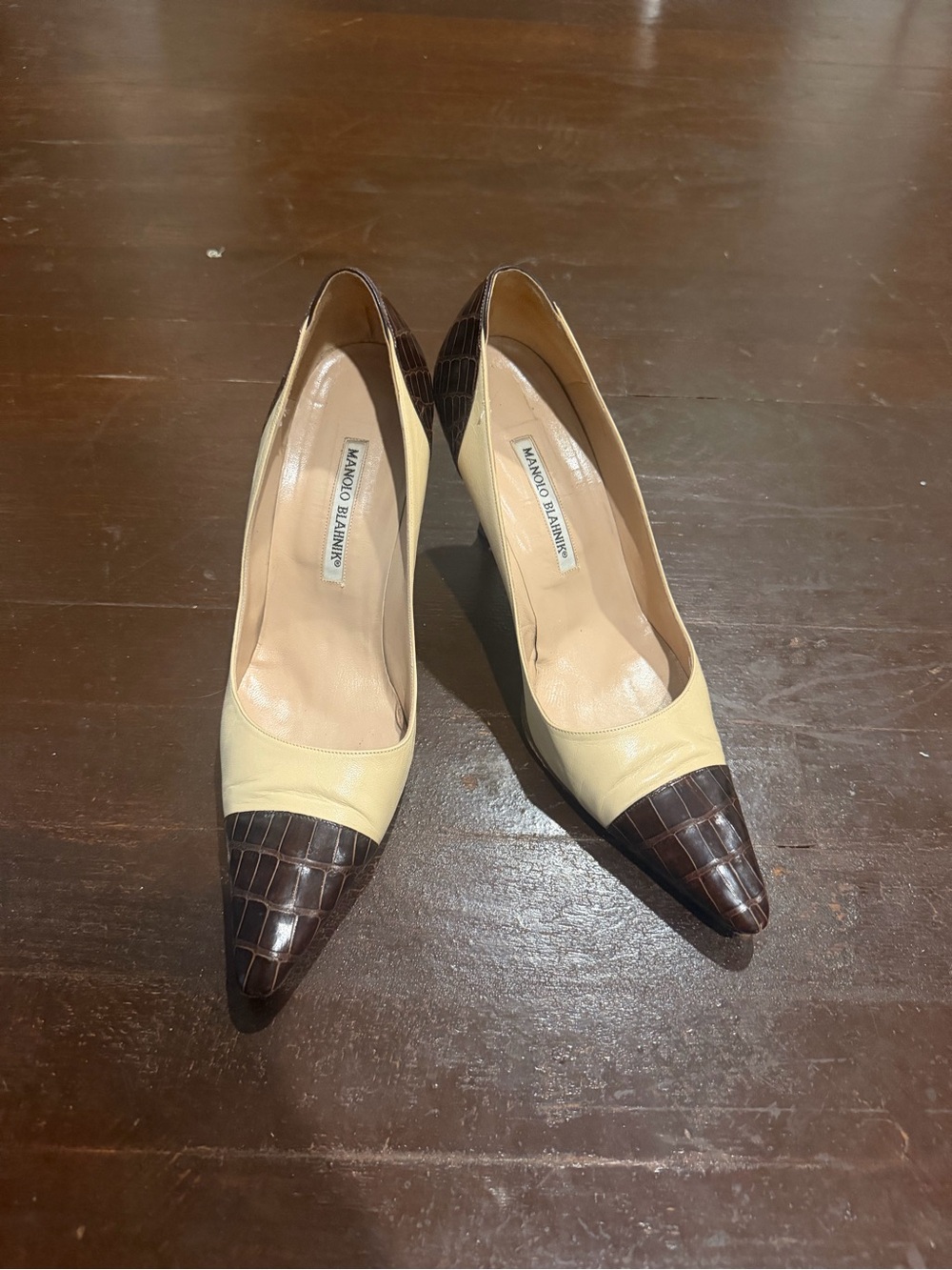 Manolo Blahnik Brown Croc-Embossed & Cream Pointed-Toe Pumps